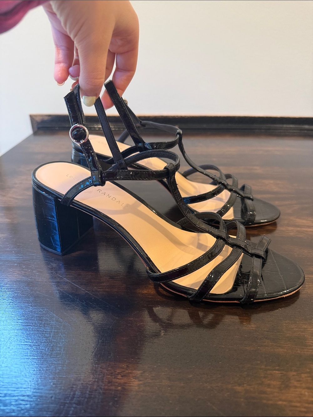 Loeffler Randall Black Patent Strappy Block Heel Sandals